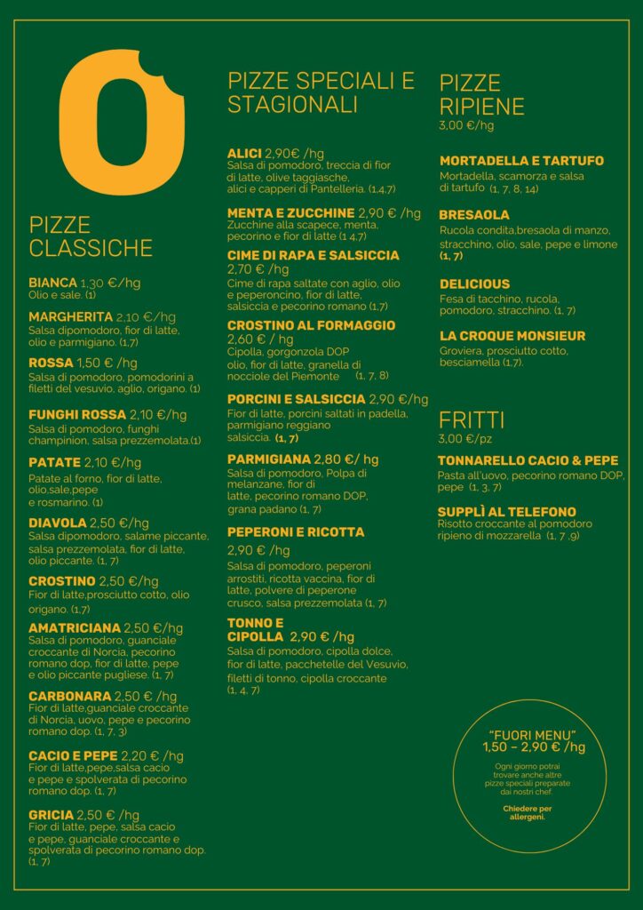 Menu delle pizze in teglia
